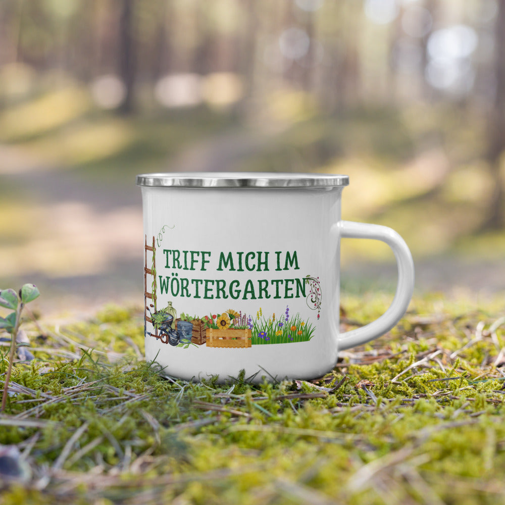Triff mich im Wörtergarten Emailletasse für lesende Gärtnerinnen