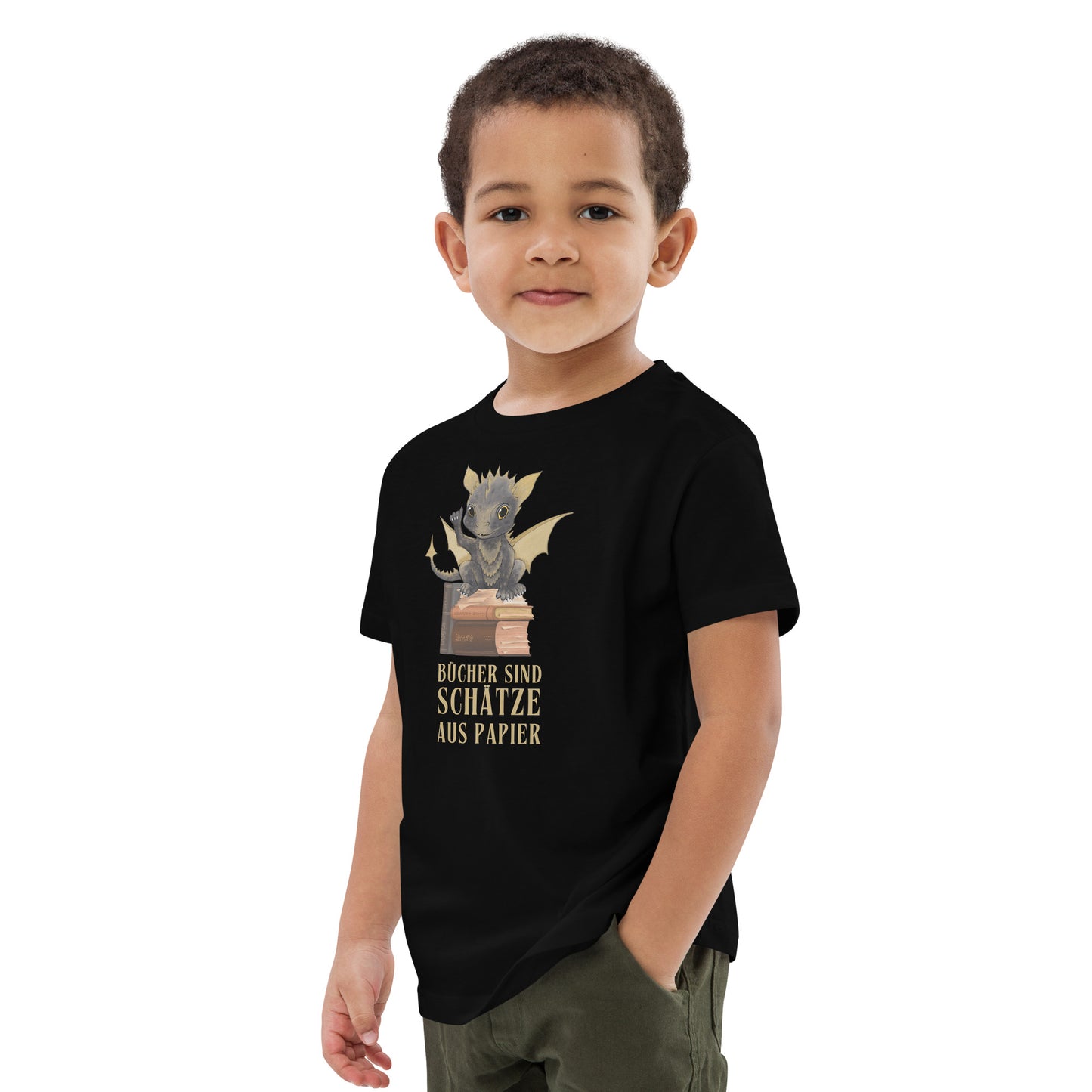 Bragi der Bücherdrache Bio-Baumwoll-T-Shirt für Kinder Bücher sind Schätze aus Papier