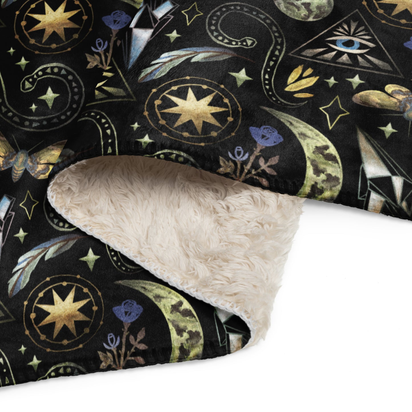 Mystische Sherpa-Decke mit magischen Symbolen in Schwarz