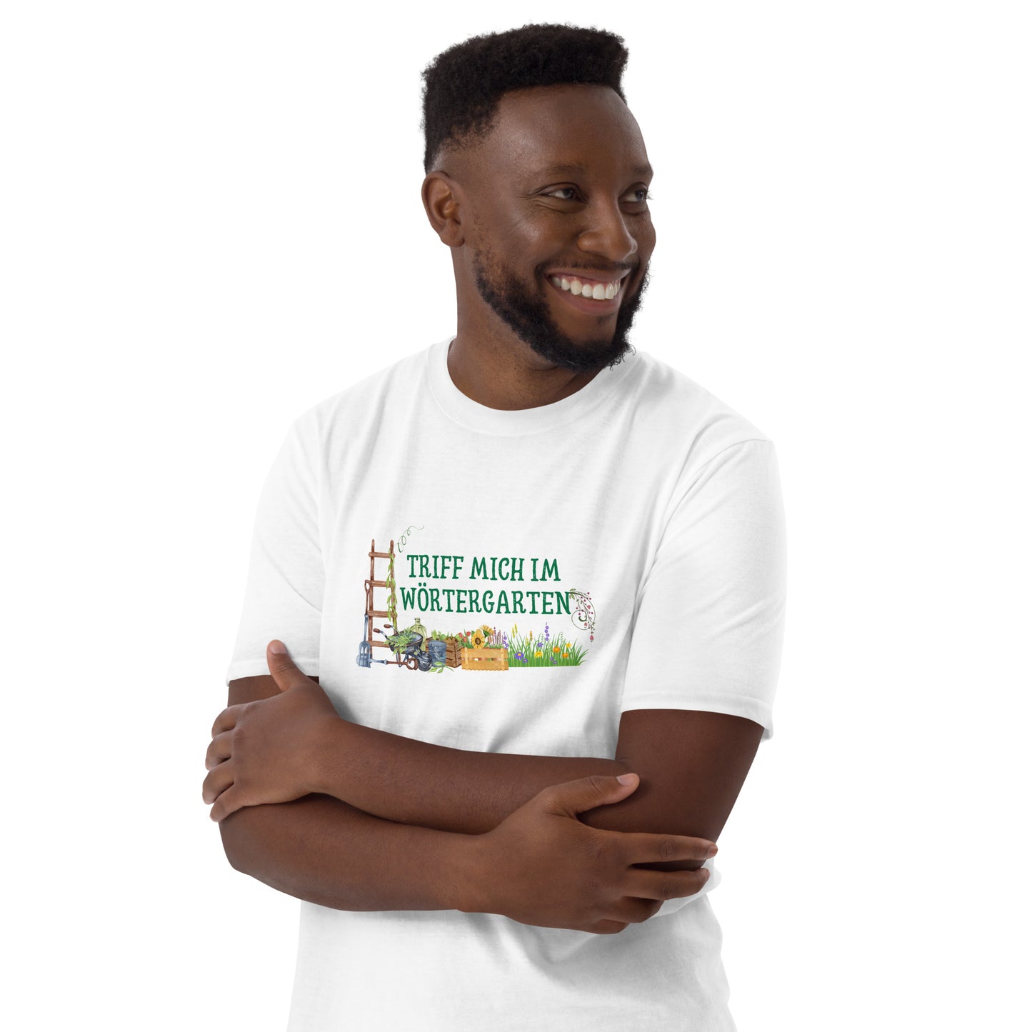 Triff mich im Wörtergarten Kurzärmeliges Unisex-T-Shirt für lesende Gärtner
