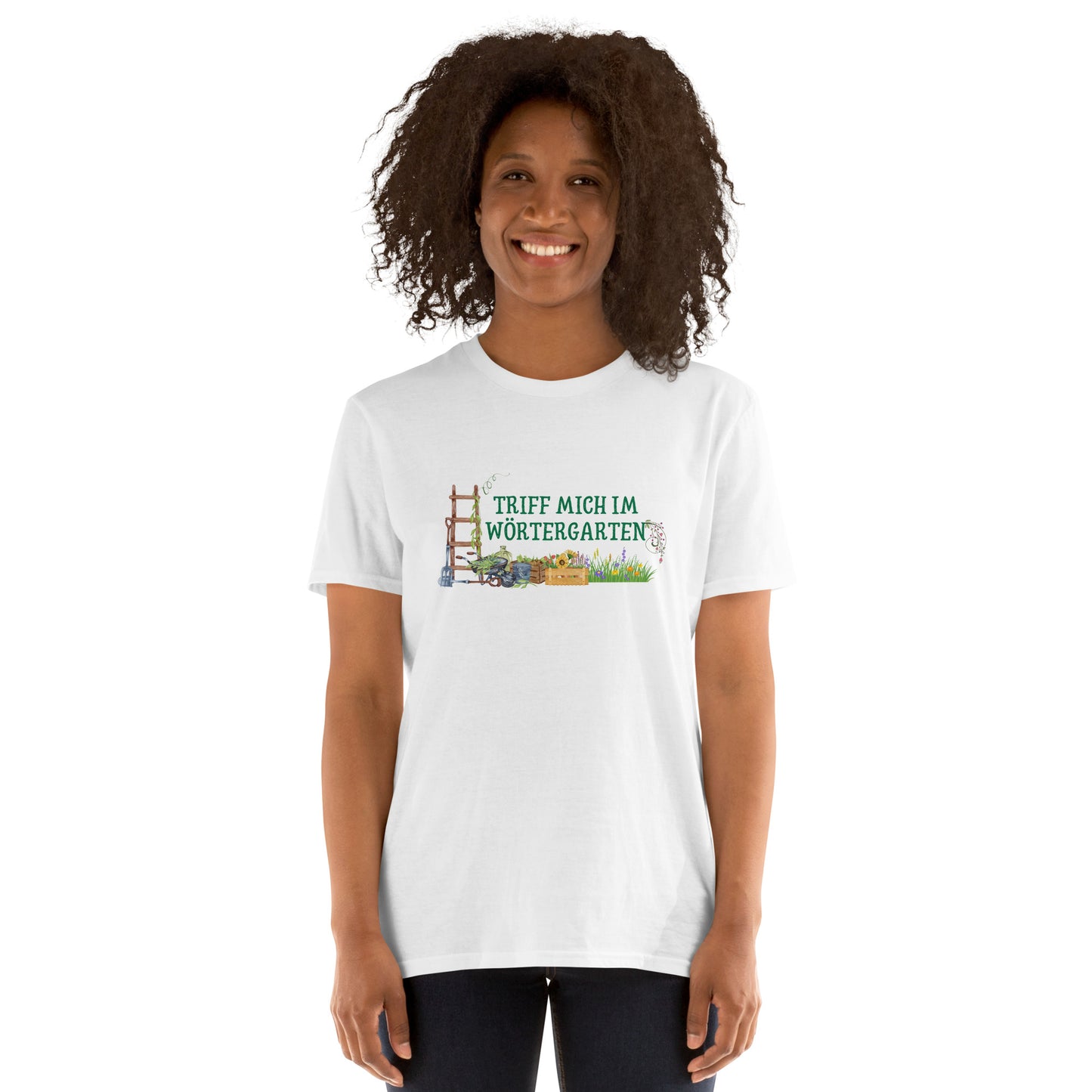 Triff mich im Wörtergarten Kurzärmeliges Unisex-T-Shirt für lesende Gärtner