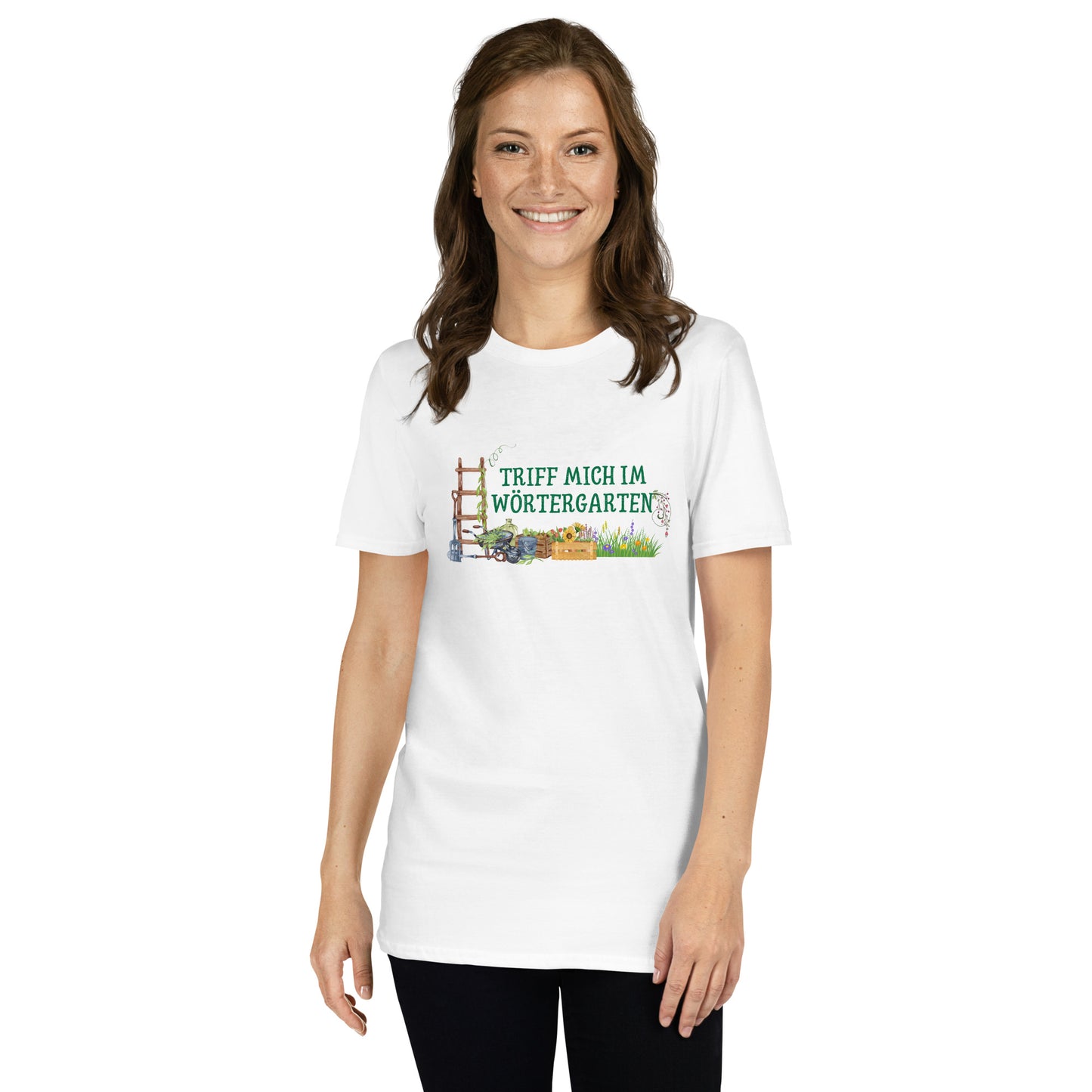 Triff mich im Wörtergarten Kurzärmeliges Unisex-T-Shirt für lesende Gärtner