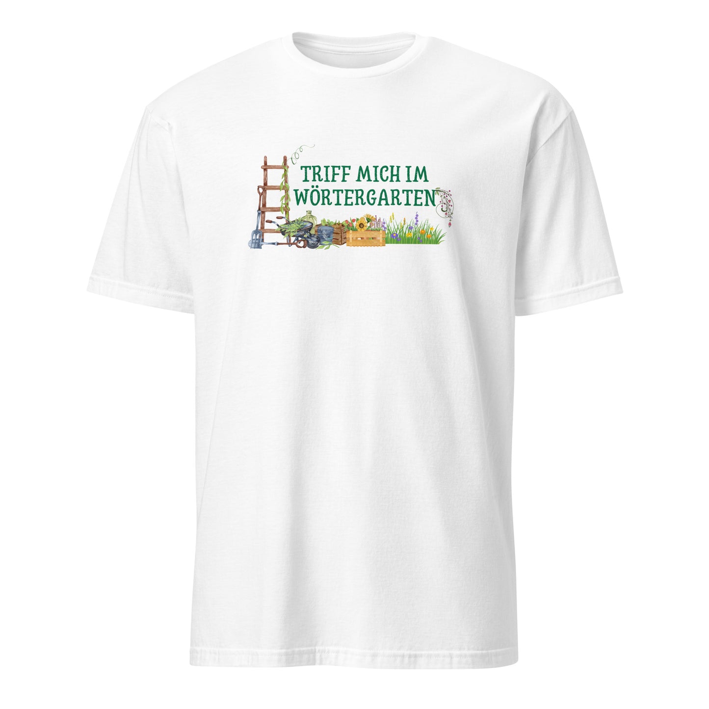 Triff mich im Wörtergarten Kurzärmeliges Unisex-T-Shirt für lesende Gärtner