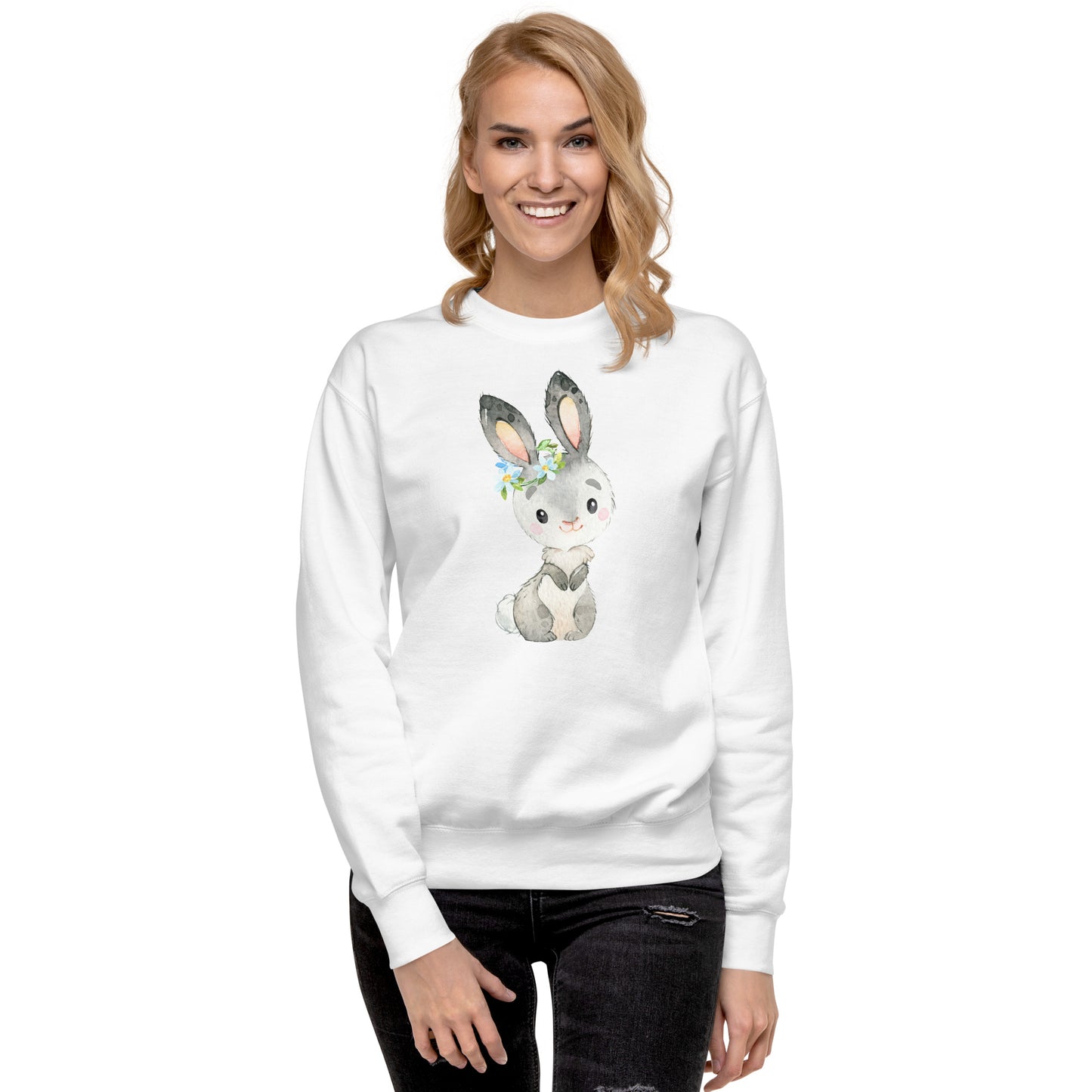 Süßer Kaninchen Unisex-Premium-Pullover mit Blumenkranz