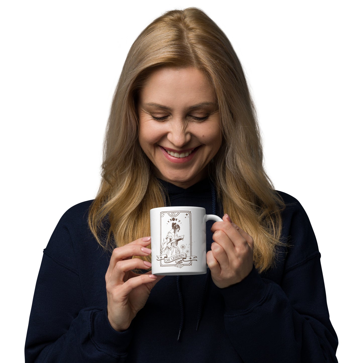 Die Leserin Tarotkarte weiße Kaffeetasse