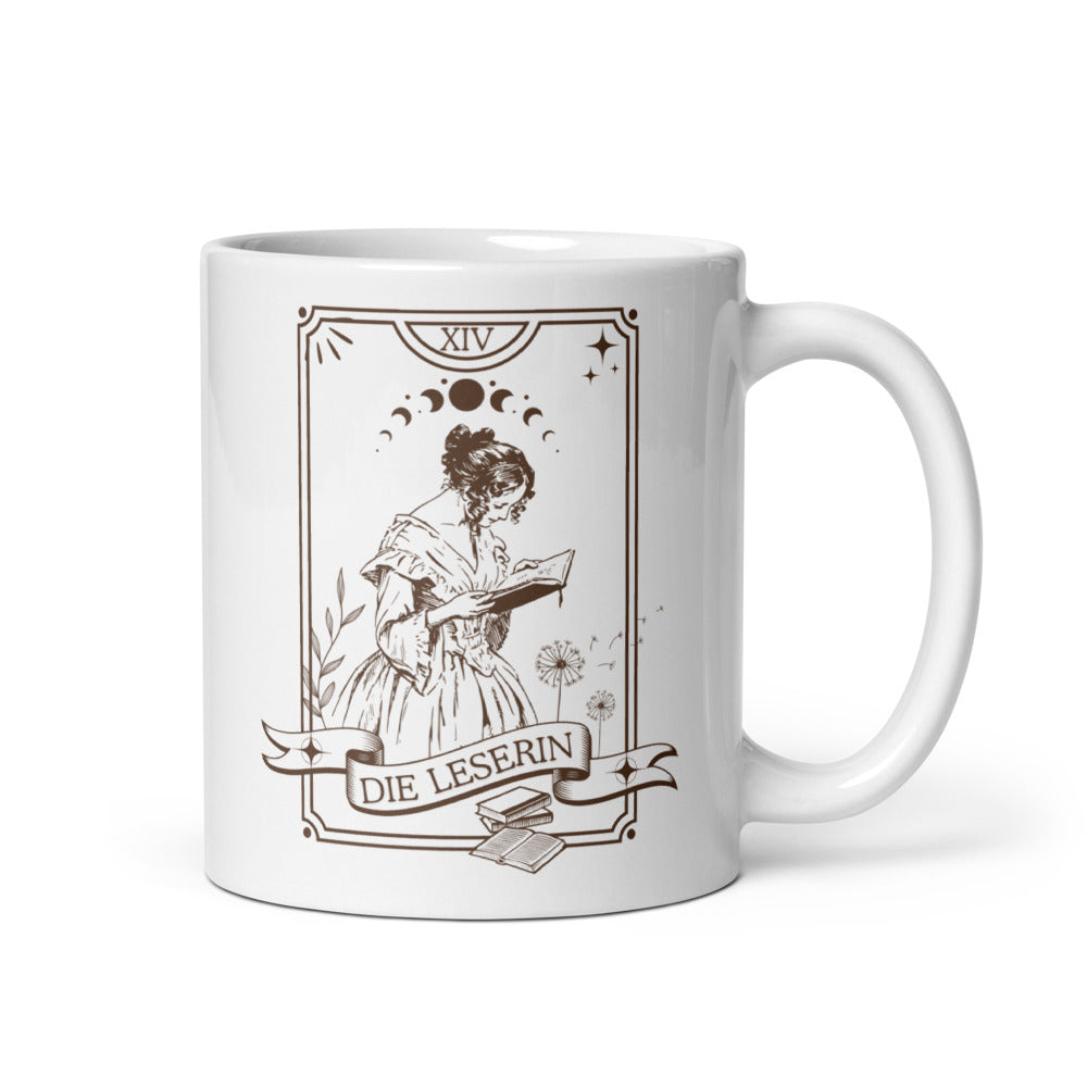 Die Leserin Tarotkarte weiße Kaffeetasse
