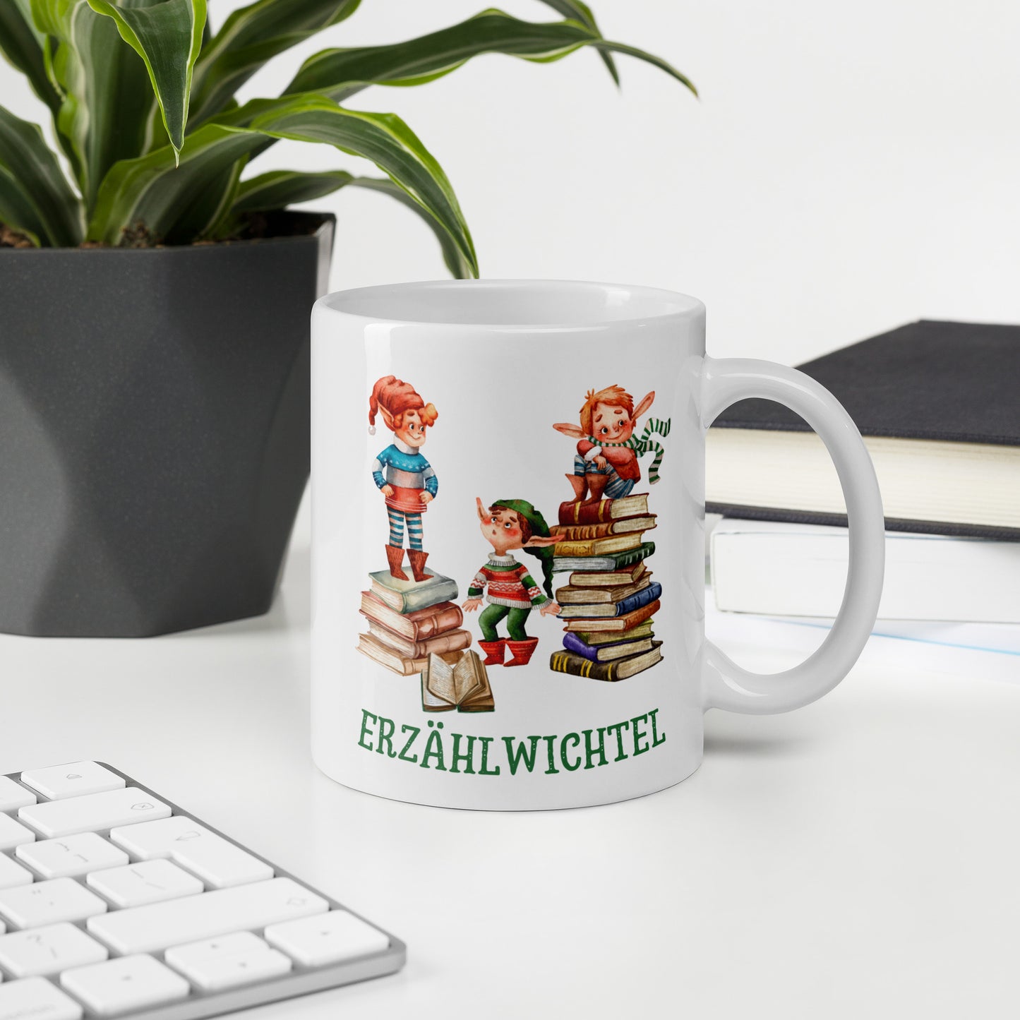 Erzählwichtel weiße Kaffeetasse für junge Geschichtenerzähler