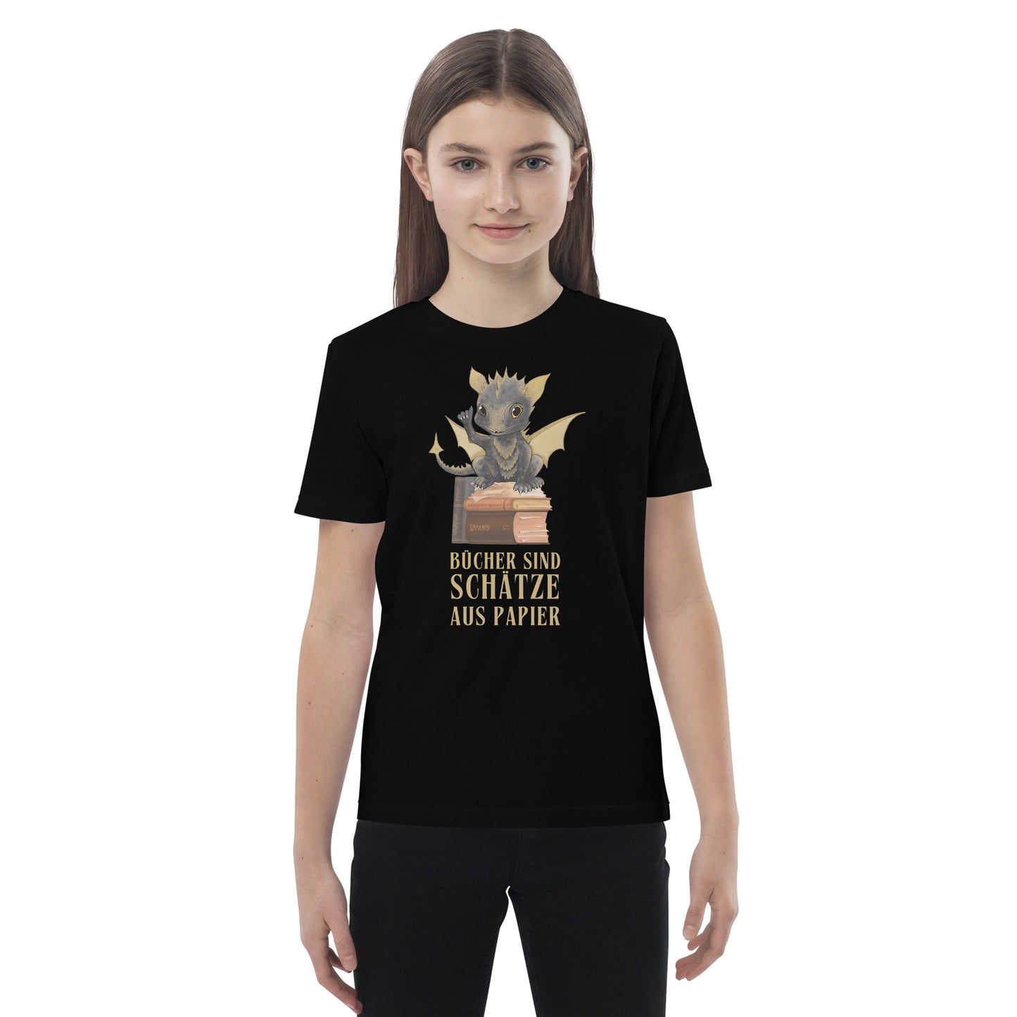 Bragi der Bücherdrache Bio-Baumwoll-T-Shirt für Kinder Bücher sind Schätze aus Papier