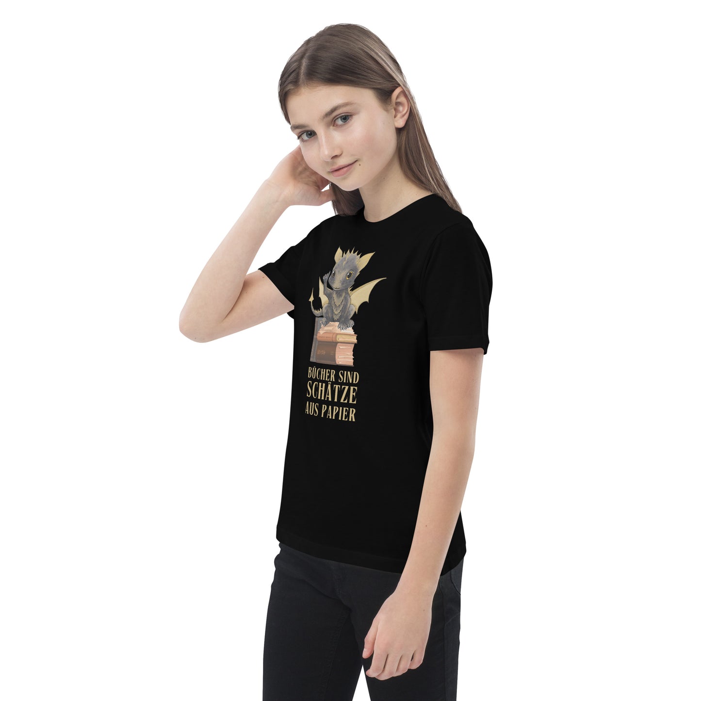 Bragi der Bücherdrache Bio-Baumwoll-T-Shirt für Kinder Bücher sind Schätze aus Papier