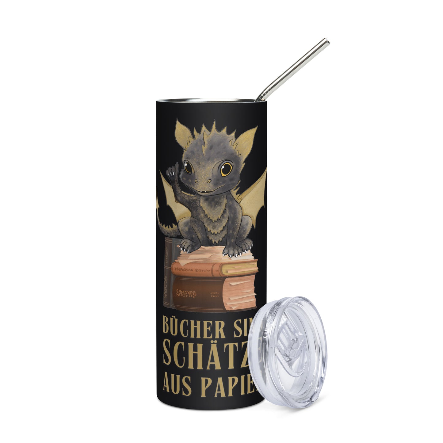 Bragi der Bücherdrache Edelstahlbecher Bücher sind Schätze aus Papier