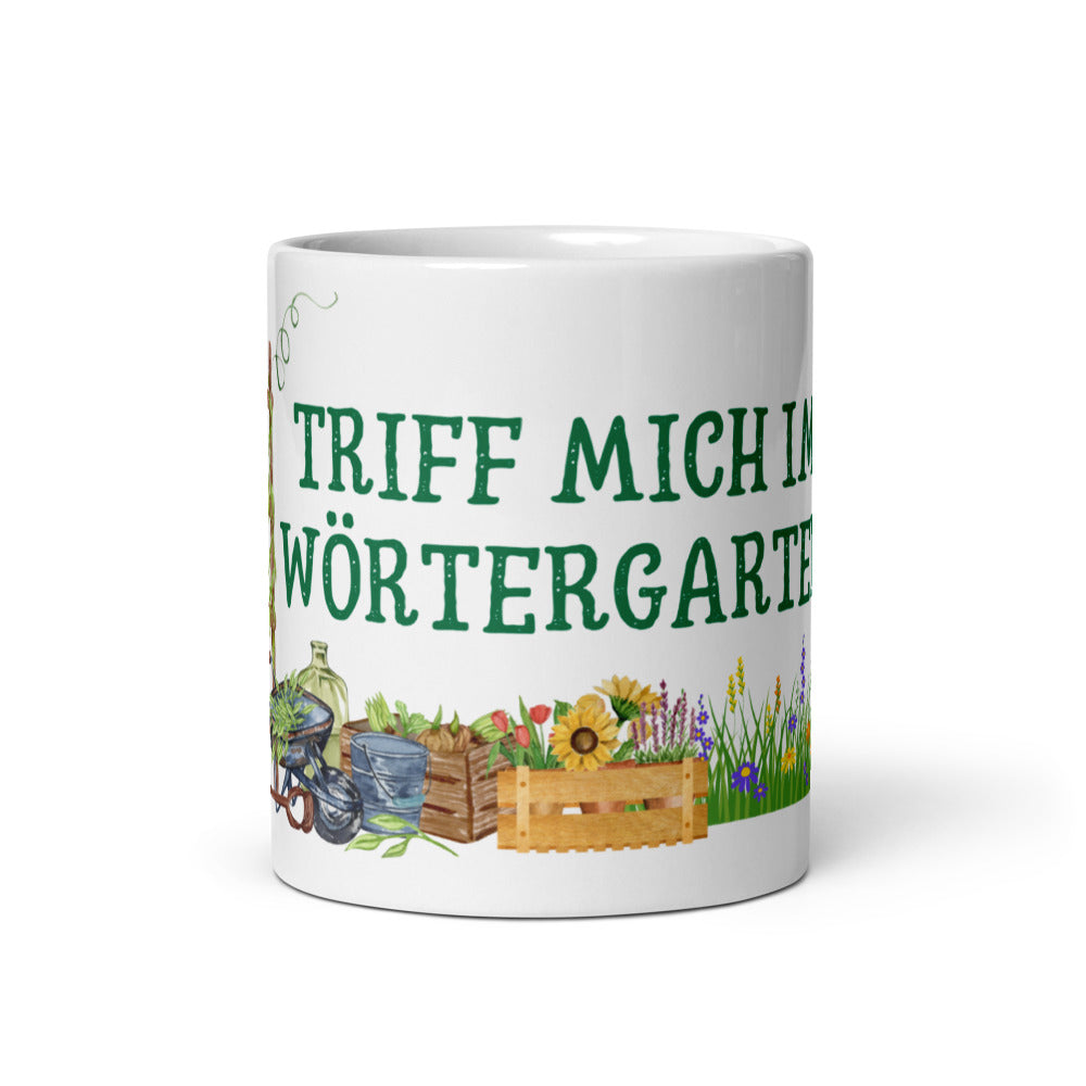 Triff mich im Wörtergarten Kaffeetasse für lesende Gärtner
